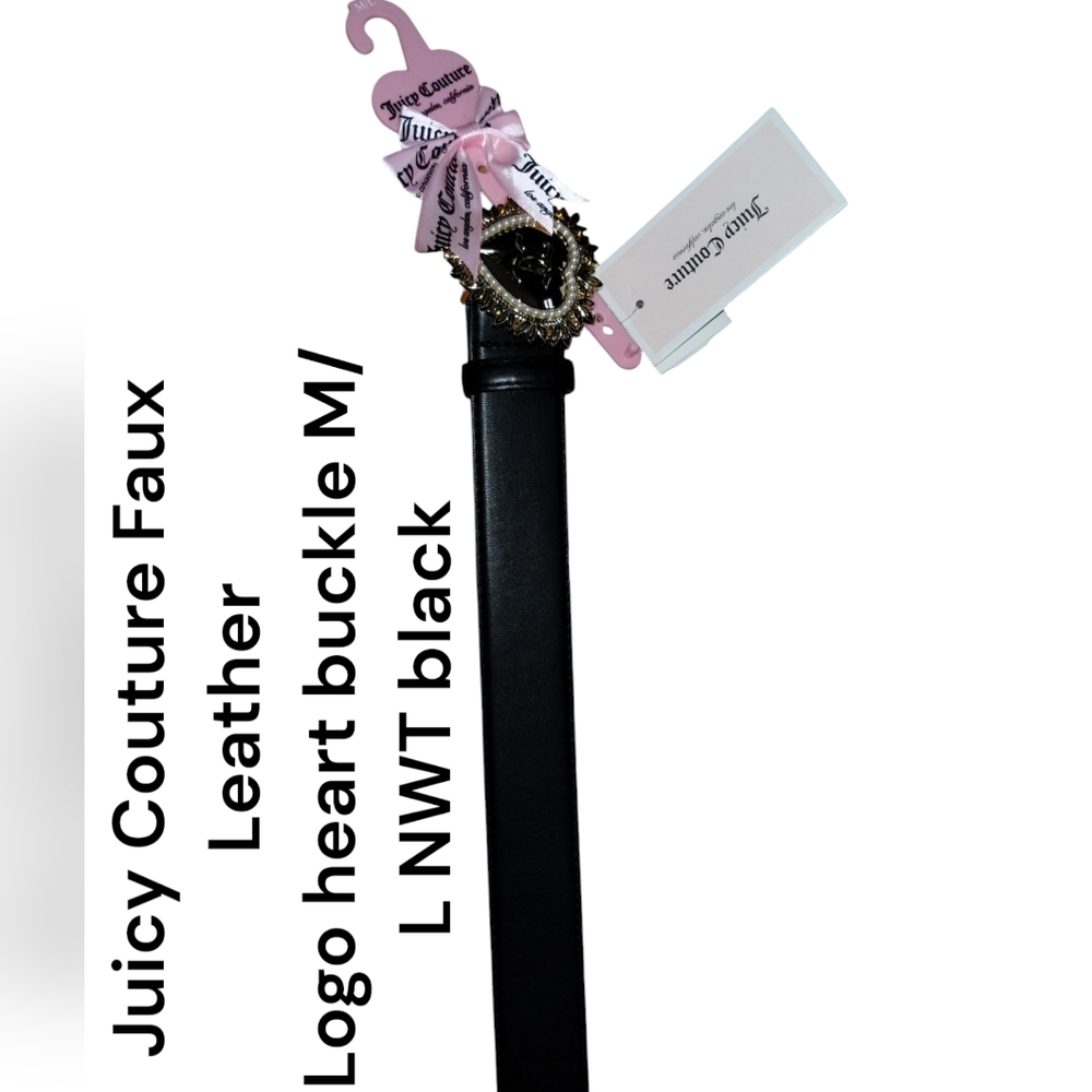Juicy Couture Black Faux Leather Belt Goldtone Logo Heart Buckle M/L 33-39" nwt